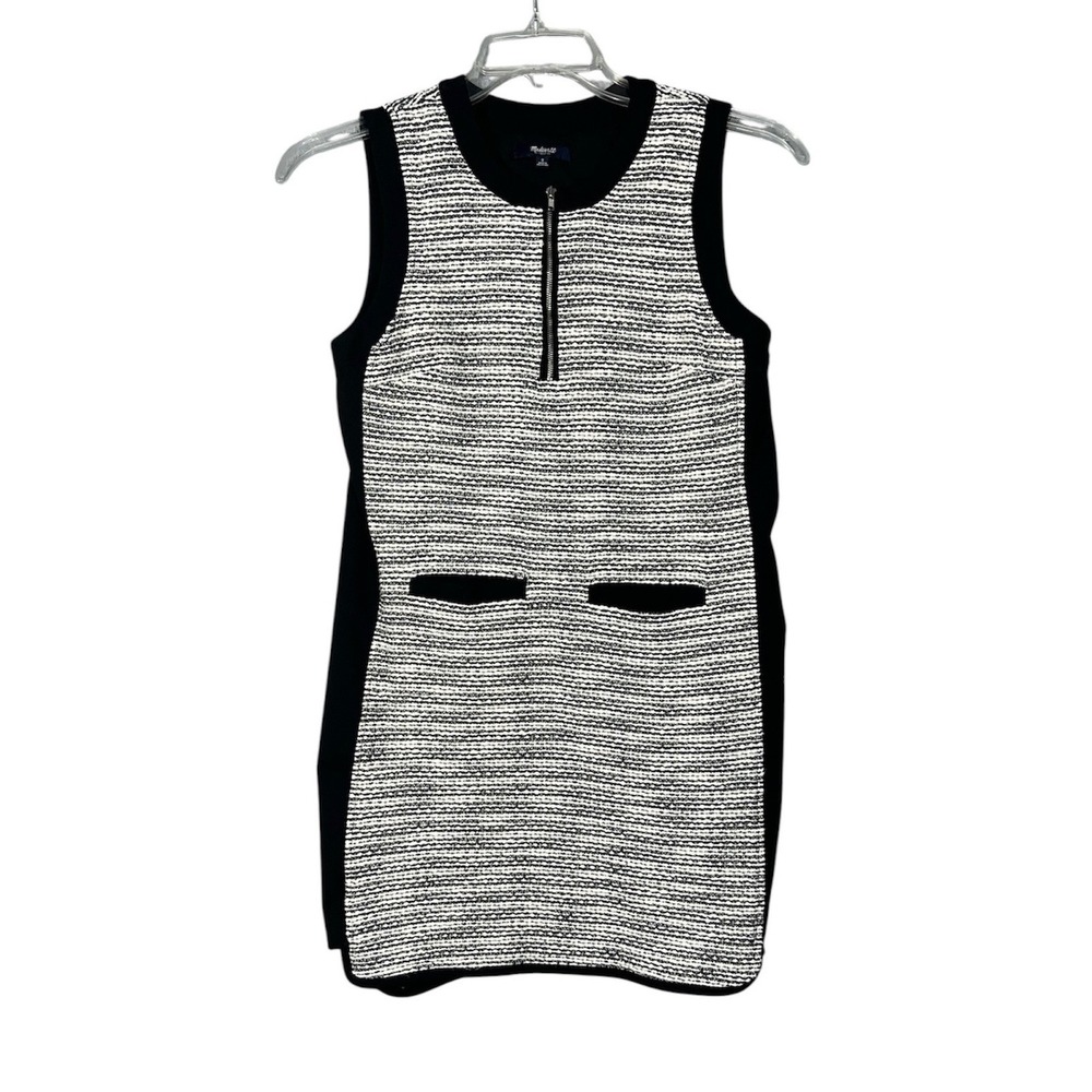 Madewell Tweed Shift Dress Womens Size 2 Black White Half Zip Sleeveless B0833